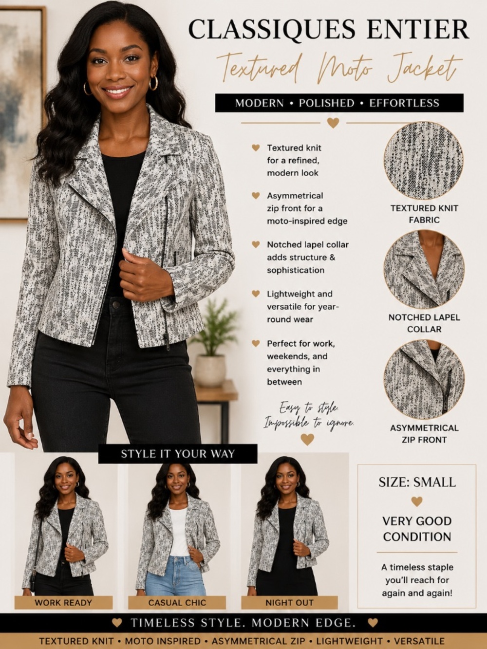 Classiques Entier Textured Moto Jacket Black & Ivory Size Small